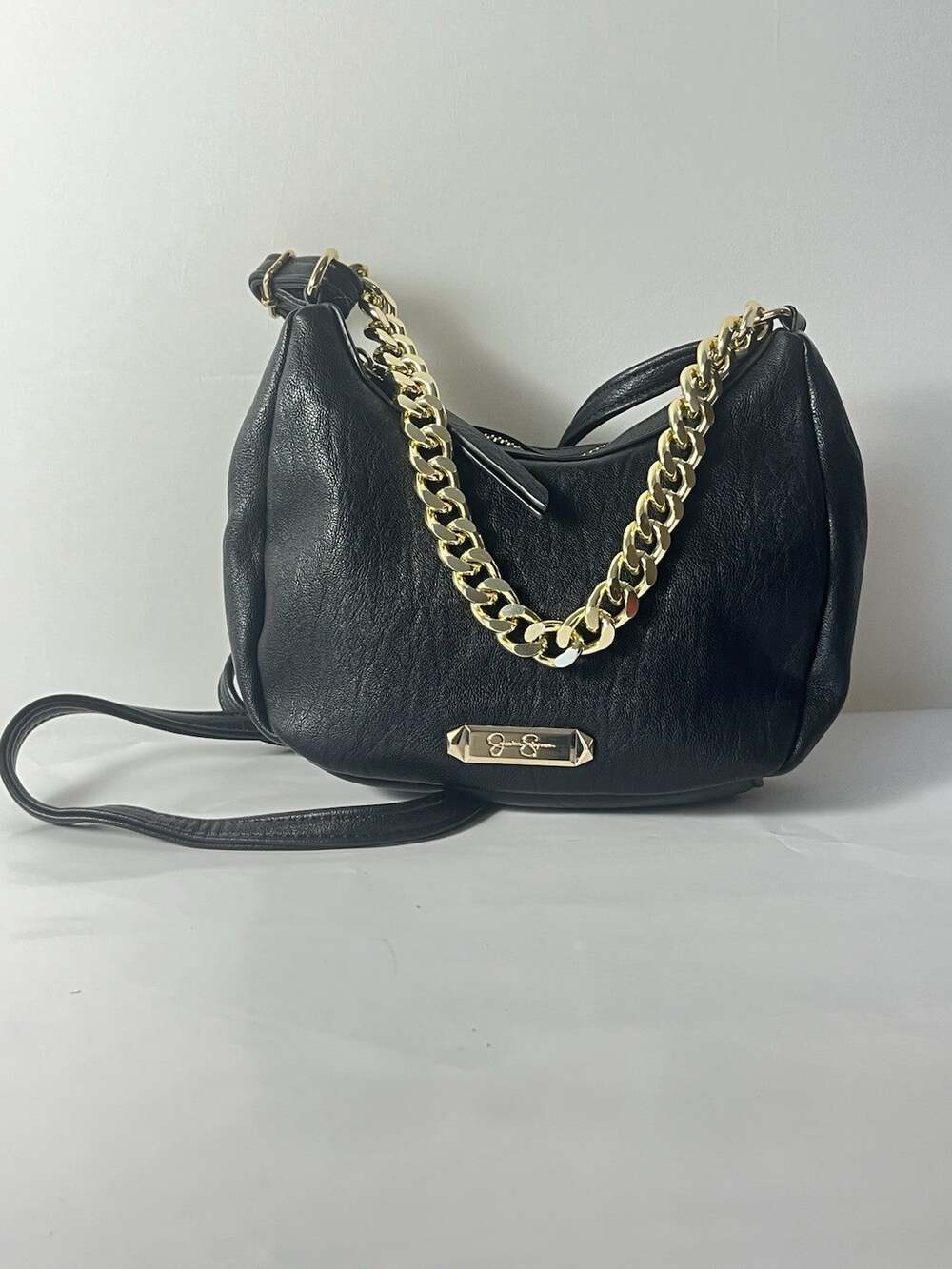 Jessica Simpson Black Shoulder Bag Gold Chain Faux Leather Hobo Purse